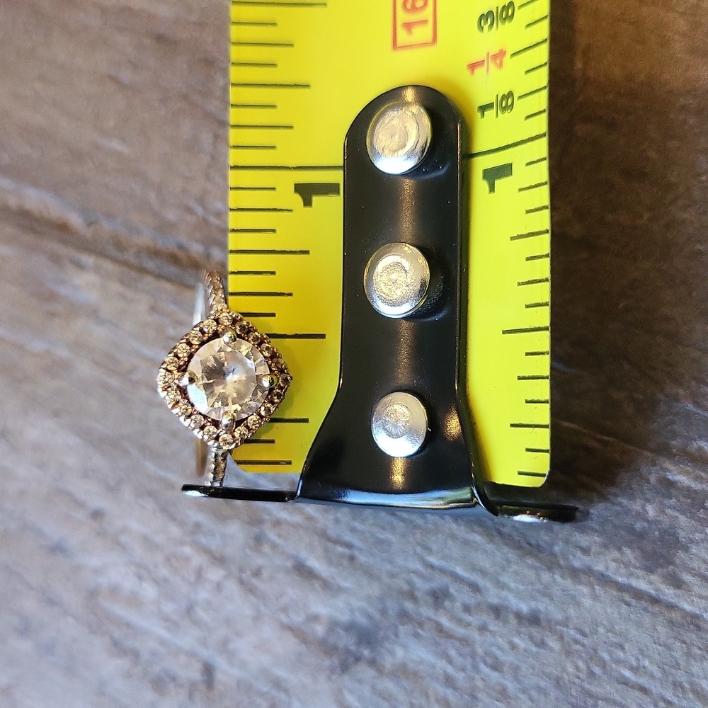Vtg Gold Tone Engagement Ring, Clear Stone Halo Setting Pave Band, Size 4.25 - Picture 13 of 13
